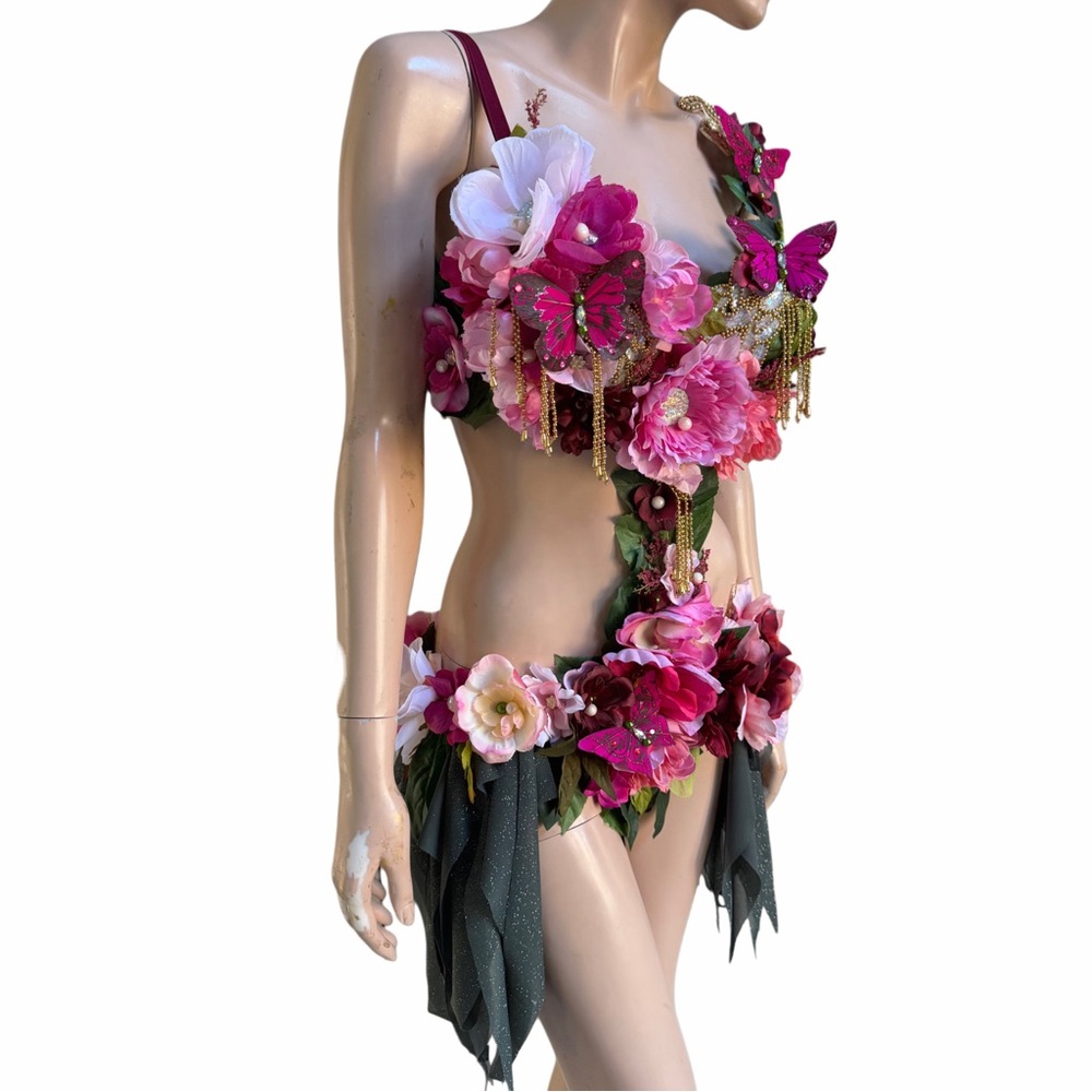Floral Pink Burgundy Spring Fairy monokini dress cosplay costume - Picture 4 of 5